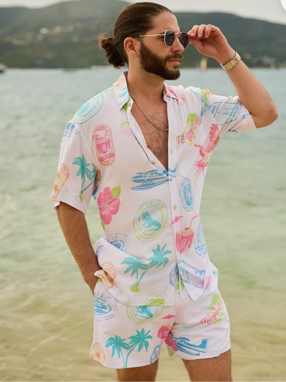 Kenny Flowers Pastel Tropical Print Button-Down Shirt — Pink, Blue, Green